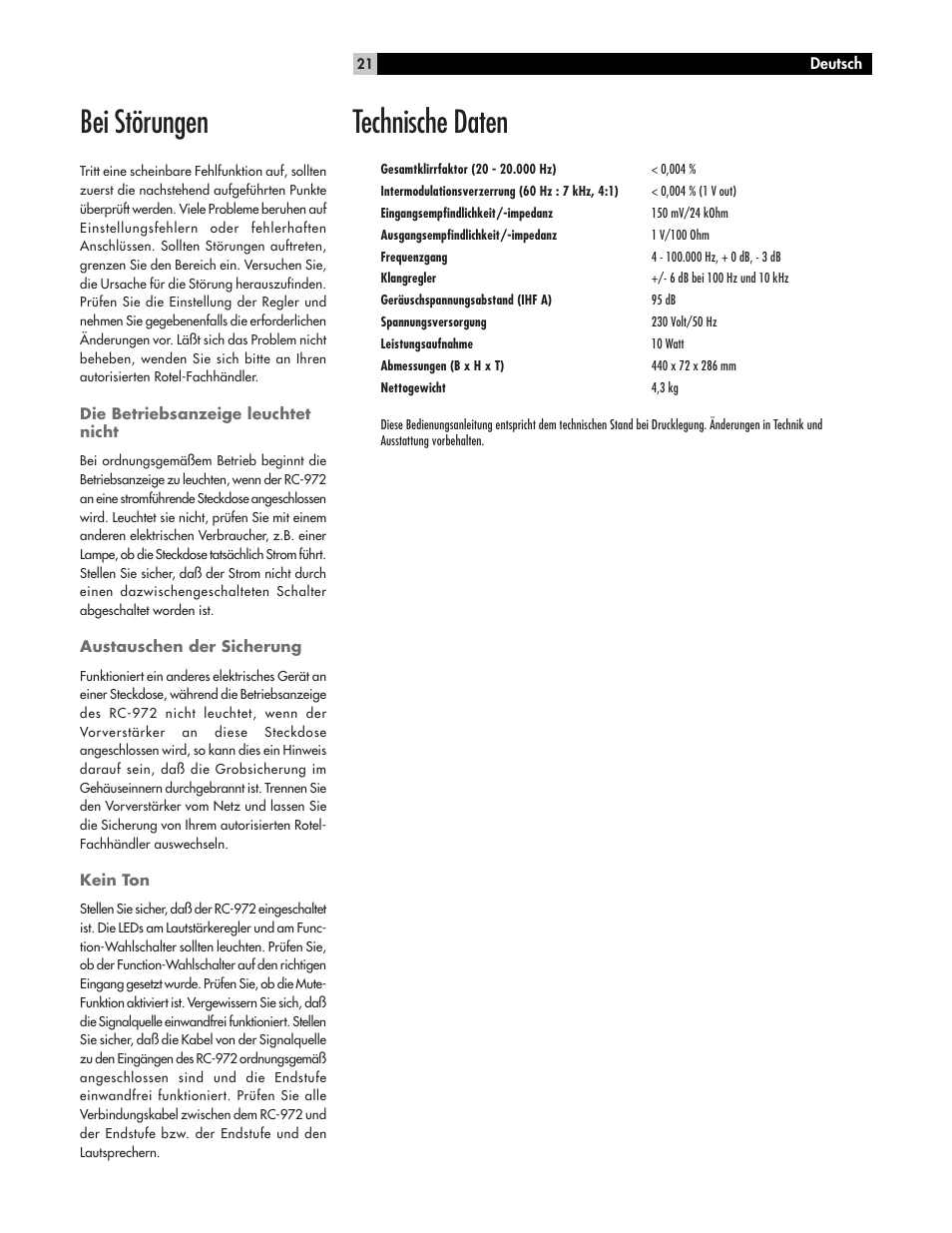 Bei störungen, Technische daten | ROTEL RC972 User Manual | Page 21 / 34