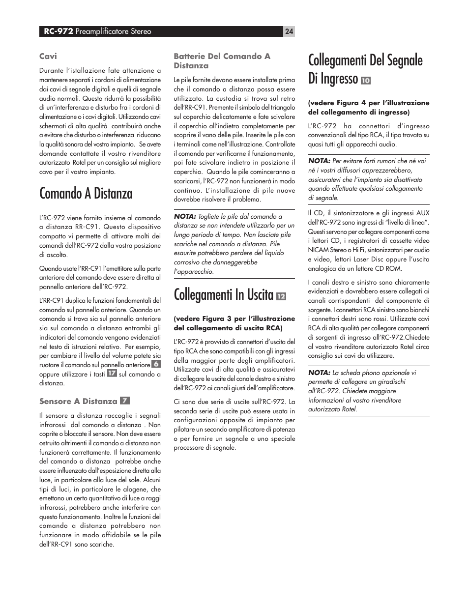 Comando a distanza, Collegamenti in uscita, Collegamenti del segnale di ingresso | ROTEL RC972 User Manual | Page 24 / 34