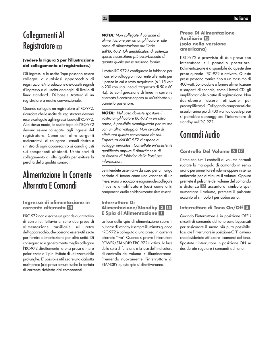 Collegamenti al registratore, Alimentazione in corrente alternata e comandi, Comandi audio | ROTEL RC972 User Manual | Page 25 / 34