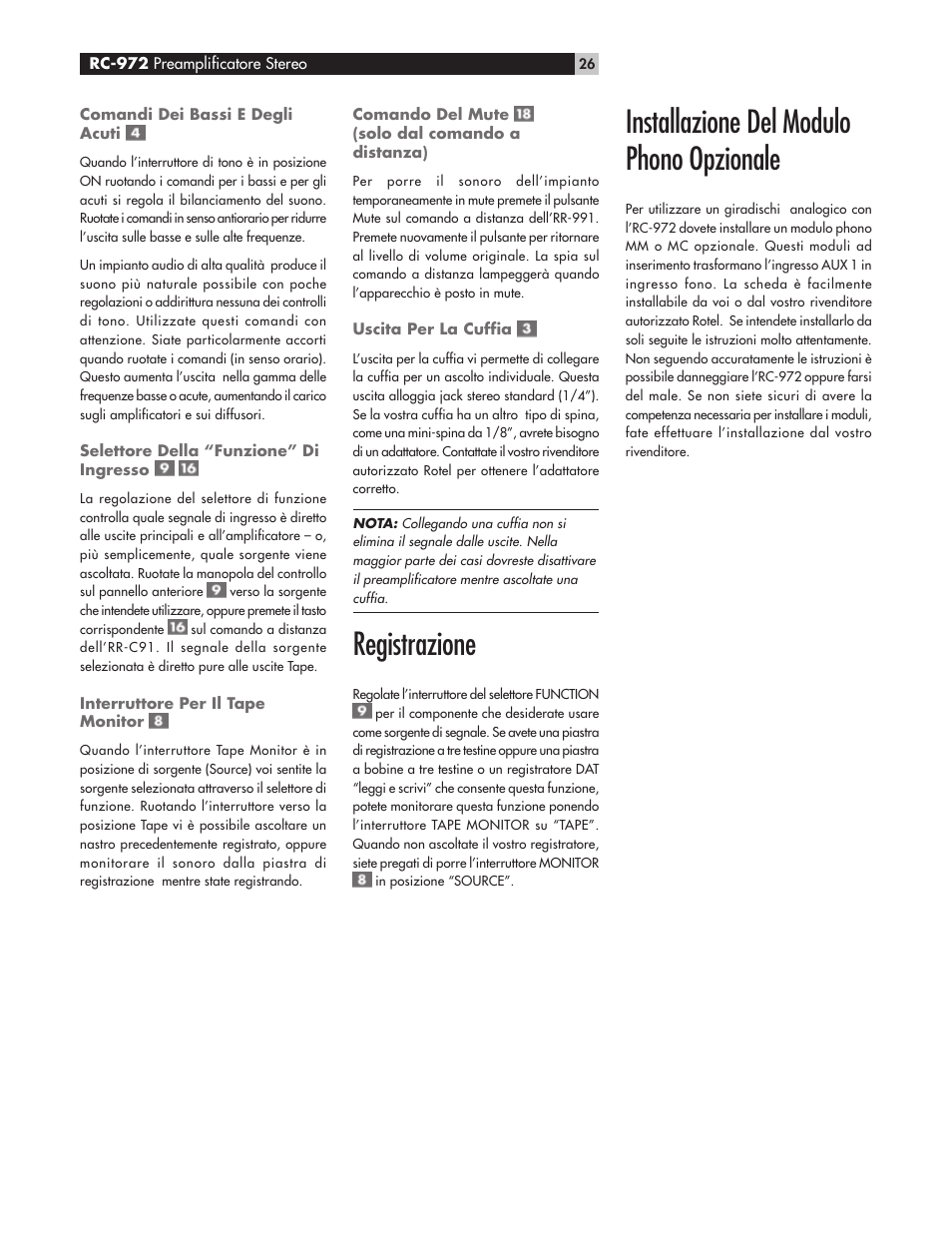 Registrazione, Installazione del modulo phono opzionale | ROTEL RC972 User Manual | Page 26 / 34