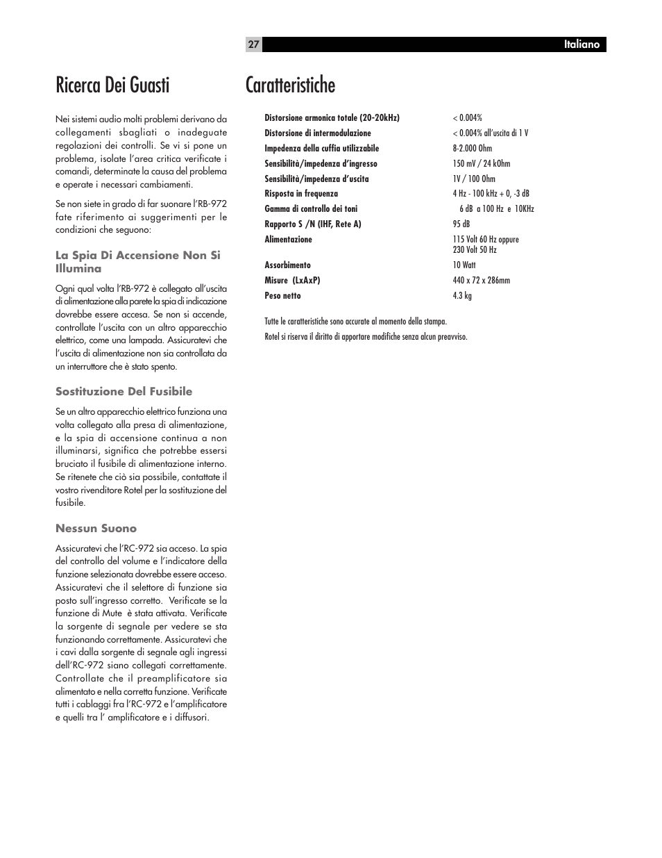 Ricerca dei guasti, Caratteristiche | ROTEL RC972 User Manual | Page 27 / 34