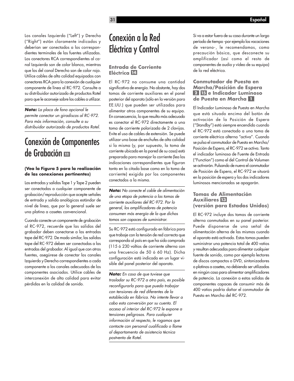 Conexión de componentes de grabación, Conexión a la red eléctrica y control | ROTEL RC972 User Manual | Page 31 / 34