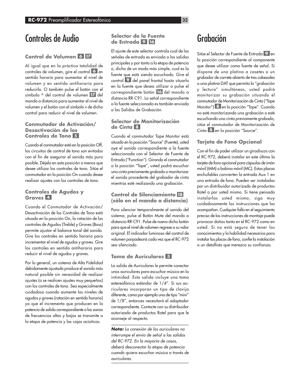 Controles de audio, Grabación | ROTEL RC972 User Manual | Page 32 / 34