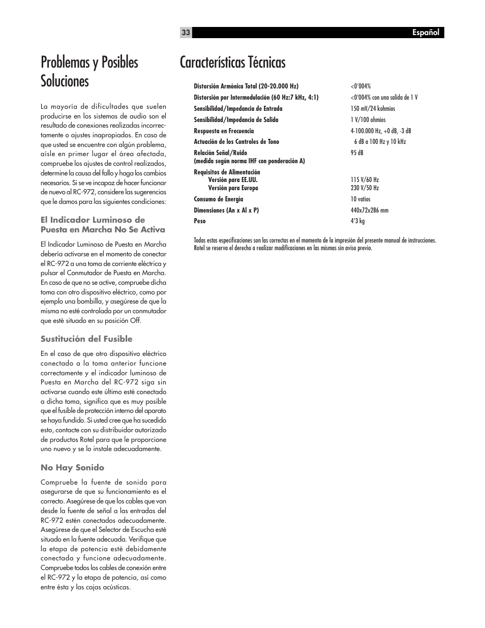 Problemas y posibles soluciones, Características técnicas | ROTEL RC972 User Manual | Page 33 / 34