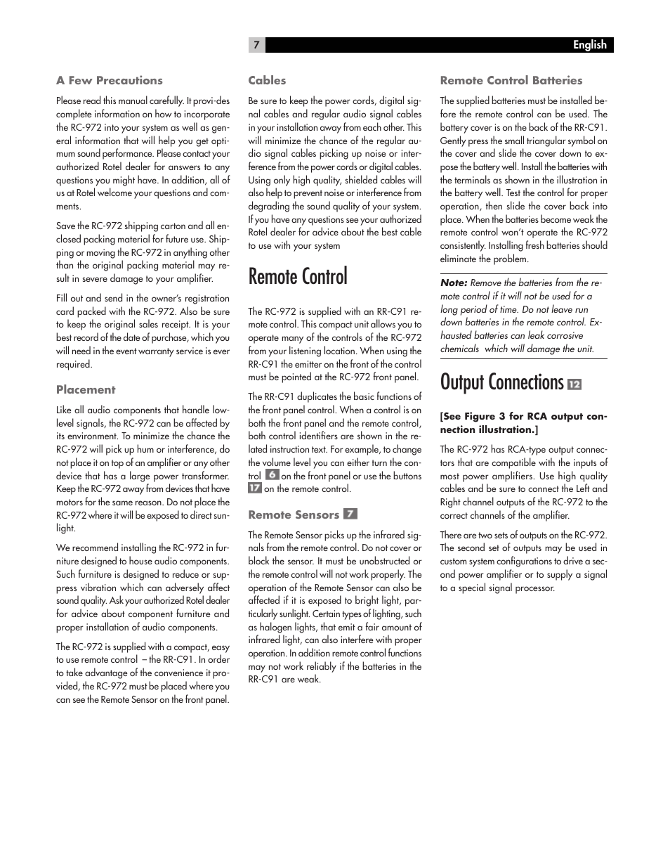 Remote control, Output connections | ROTEL RC972 User Manual | Page 7 / 34