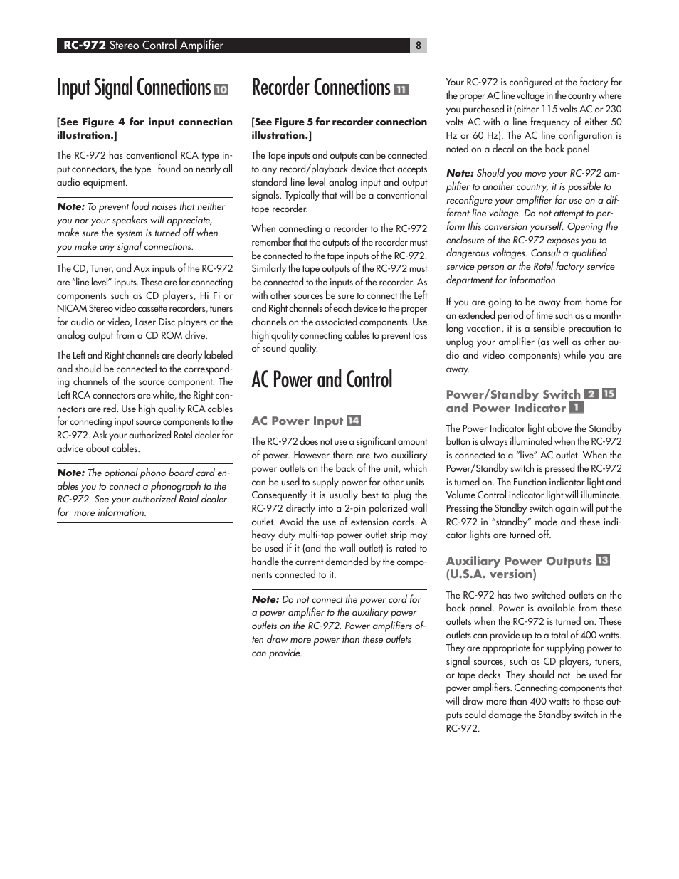 Input signal connections, Recorder connections, Ac power and control | ROTEL RC972 User Manual | Page 8 / 34