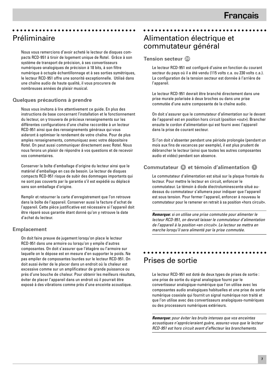 Français, Préliminaire, Alimentation électrique et commutateur général | Prises de sortie | ROTEL RCD951 User Manual | Page 11 / 30