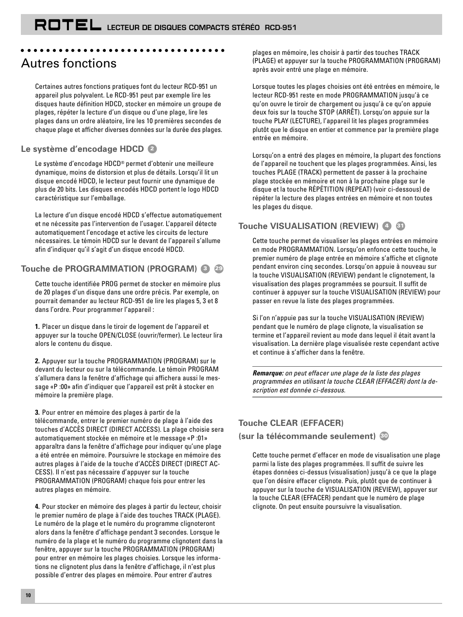 Autres fonctions | ROTEL RCD951 User Manual | Page 14 / 30