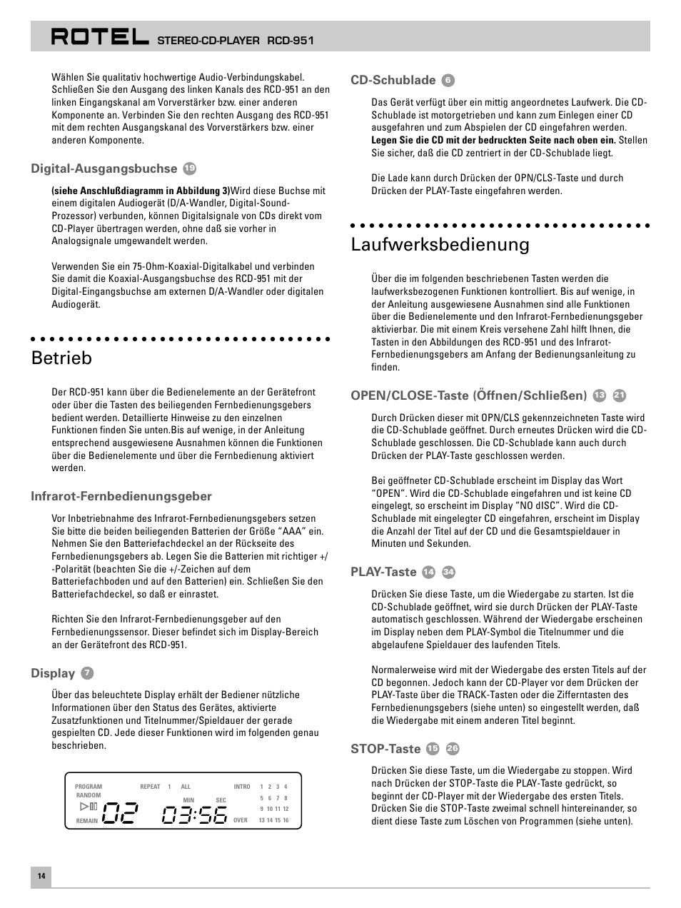 Betrieb, Laufwerksbedienung, Digital-ausgangsbuchse | Infrarot-fernbedienungsgeber, Display, Cd-schublade, Open/close-taste (öffnen/schließen), Play-taste, Stop-taste | ROTEL RCD951 User Manual | Page 18 / 30