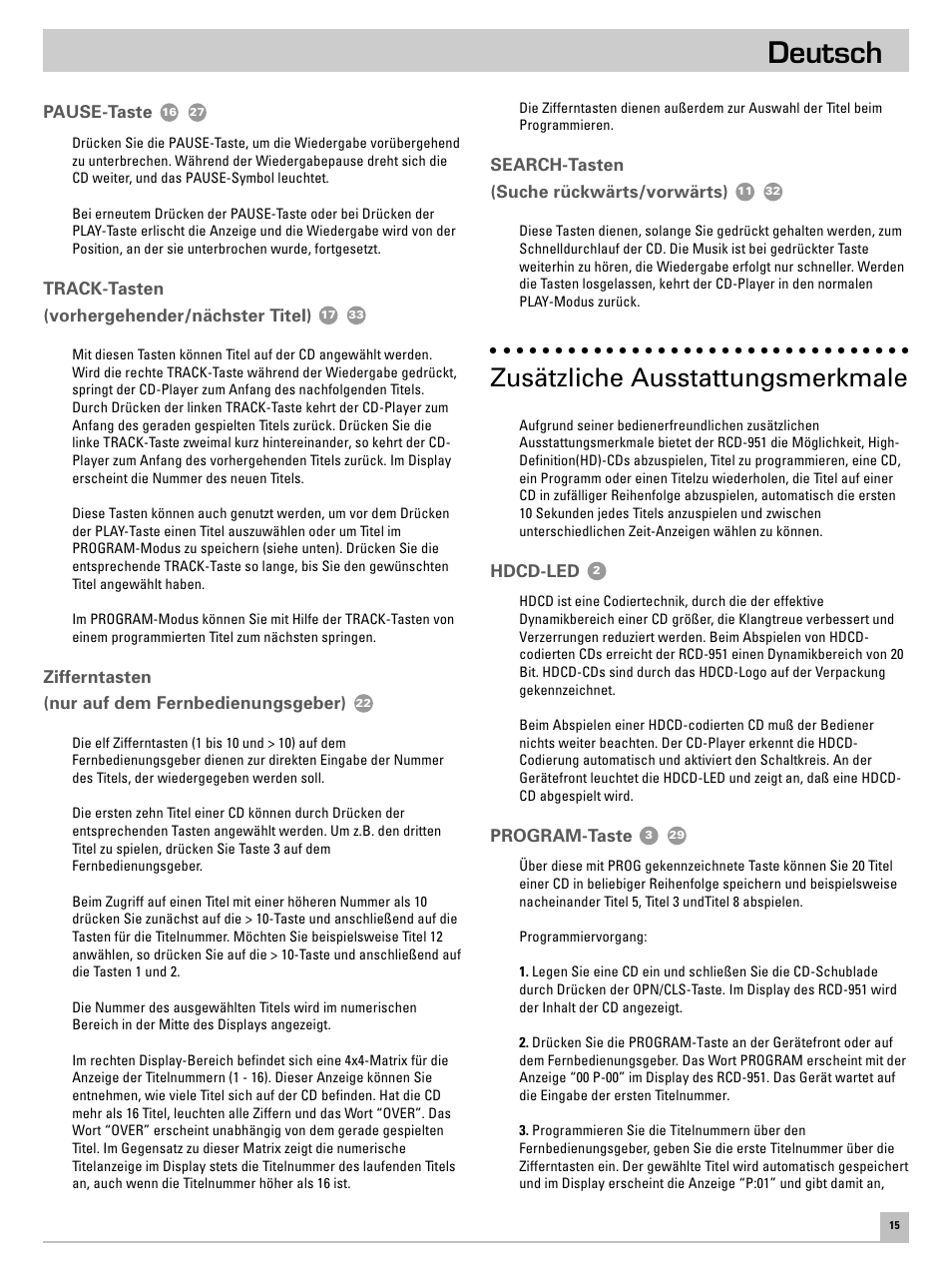 Deutsch, Zusätzliche ausstattungsmerkmale | ROTEL RCD951 User Manual | Page 19 / 30