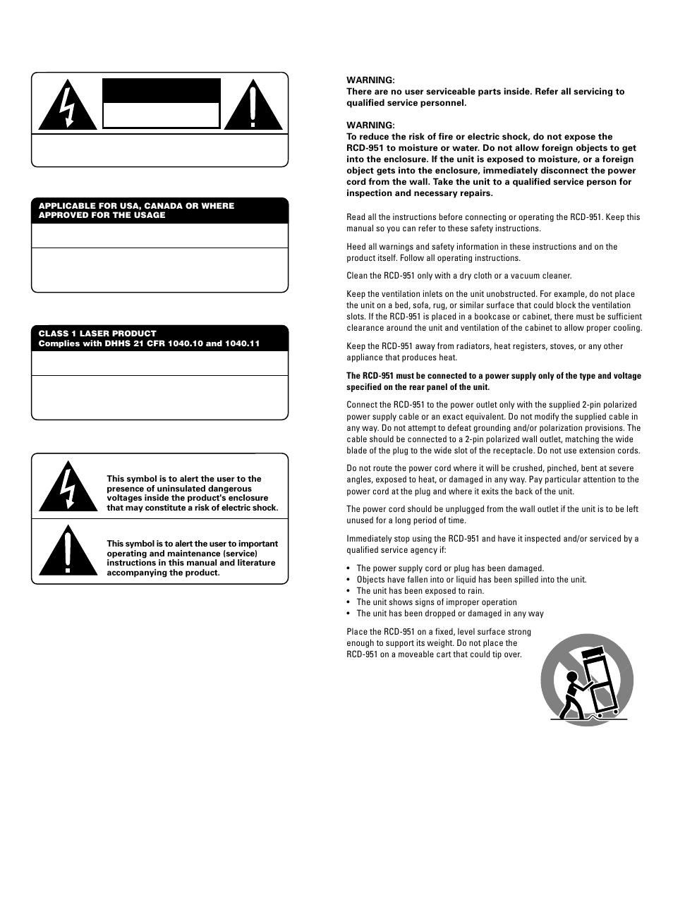Caution | ROTEL RCD951 User Manual | Page 2 / 30