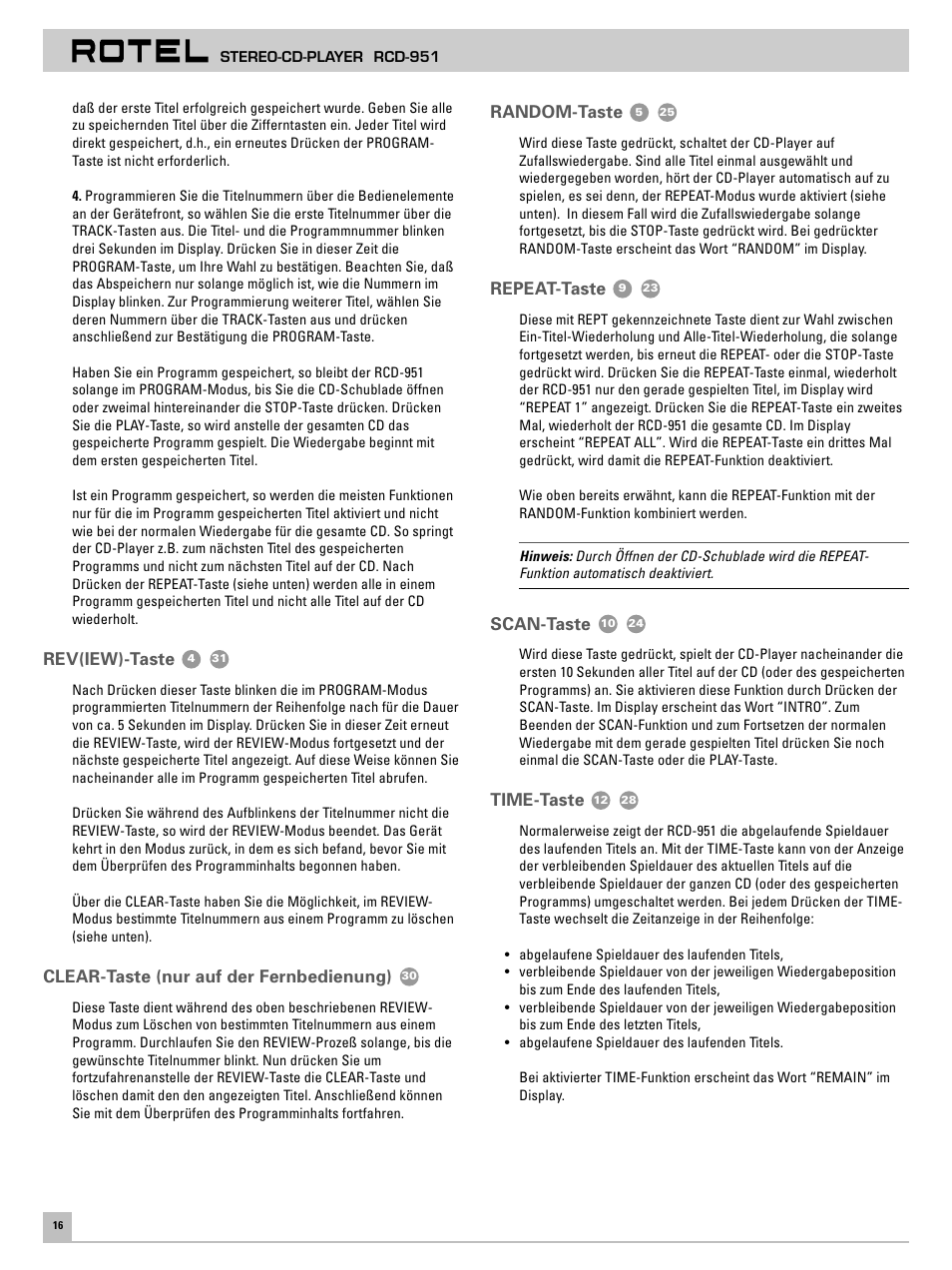 ROTEL RCD951 User Manual | Page 20 / 30