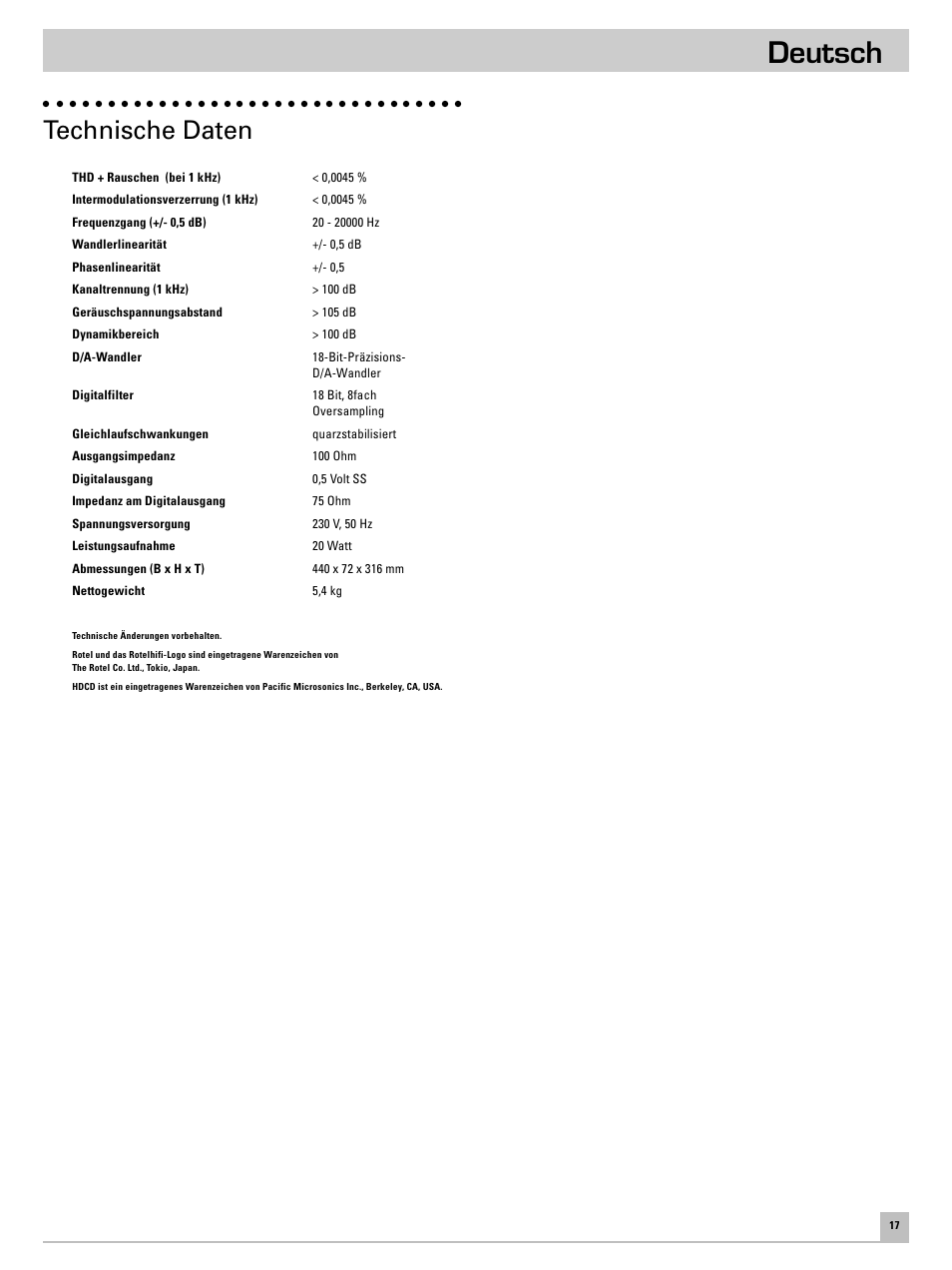 Deutsch, Technische daten | ROTEL RCD951 User Manual | Page 21 / 30