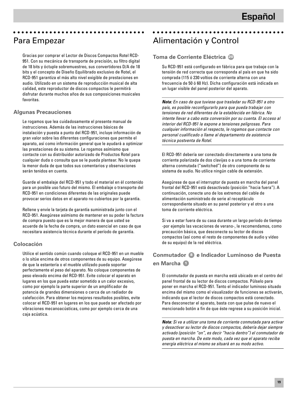 Español, Para empezar, Alimentación y control | ROTEL RCD951 User Manual | Page 23 / 30
