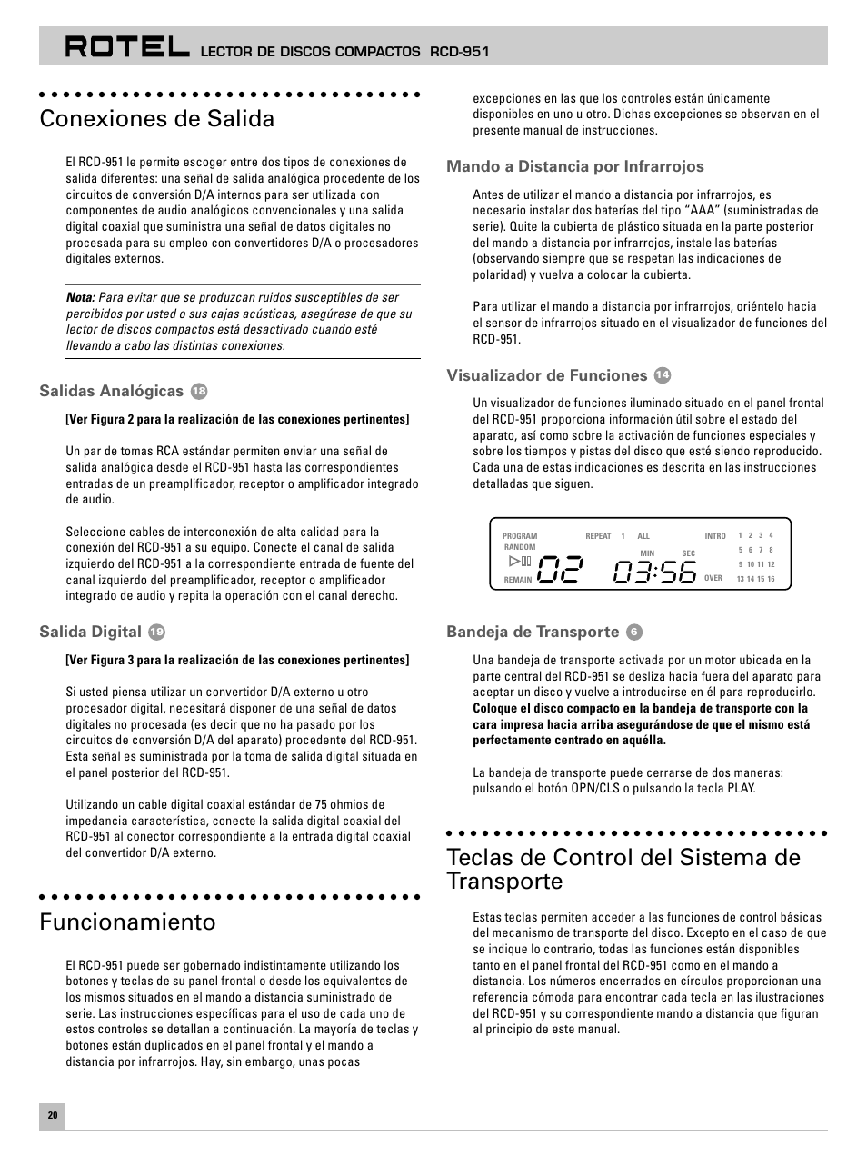 Teclas de control del sistema de transporte, Conexiones de salida, Funcionamiento | Mando a distancia por infrarrojos, Visualizador de funciones, Bandeja de transporte, Salidas analógicas, Salida digital | ROTEL RCD951 User Manual | Page 24 / 30