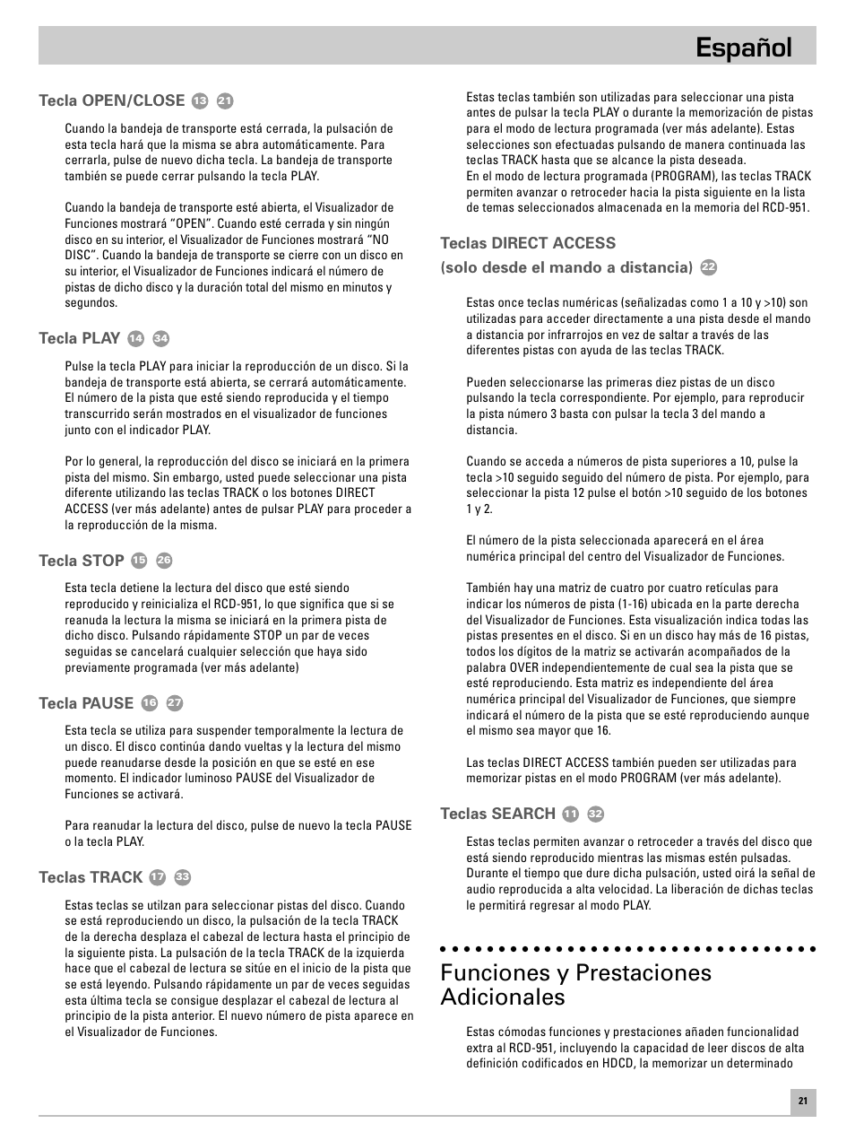 Español, Funciones y prestaciones adicionales | ROTEL RCD951 User Manual | Page 25 / 30