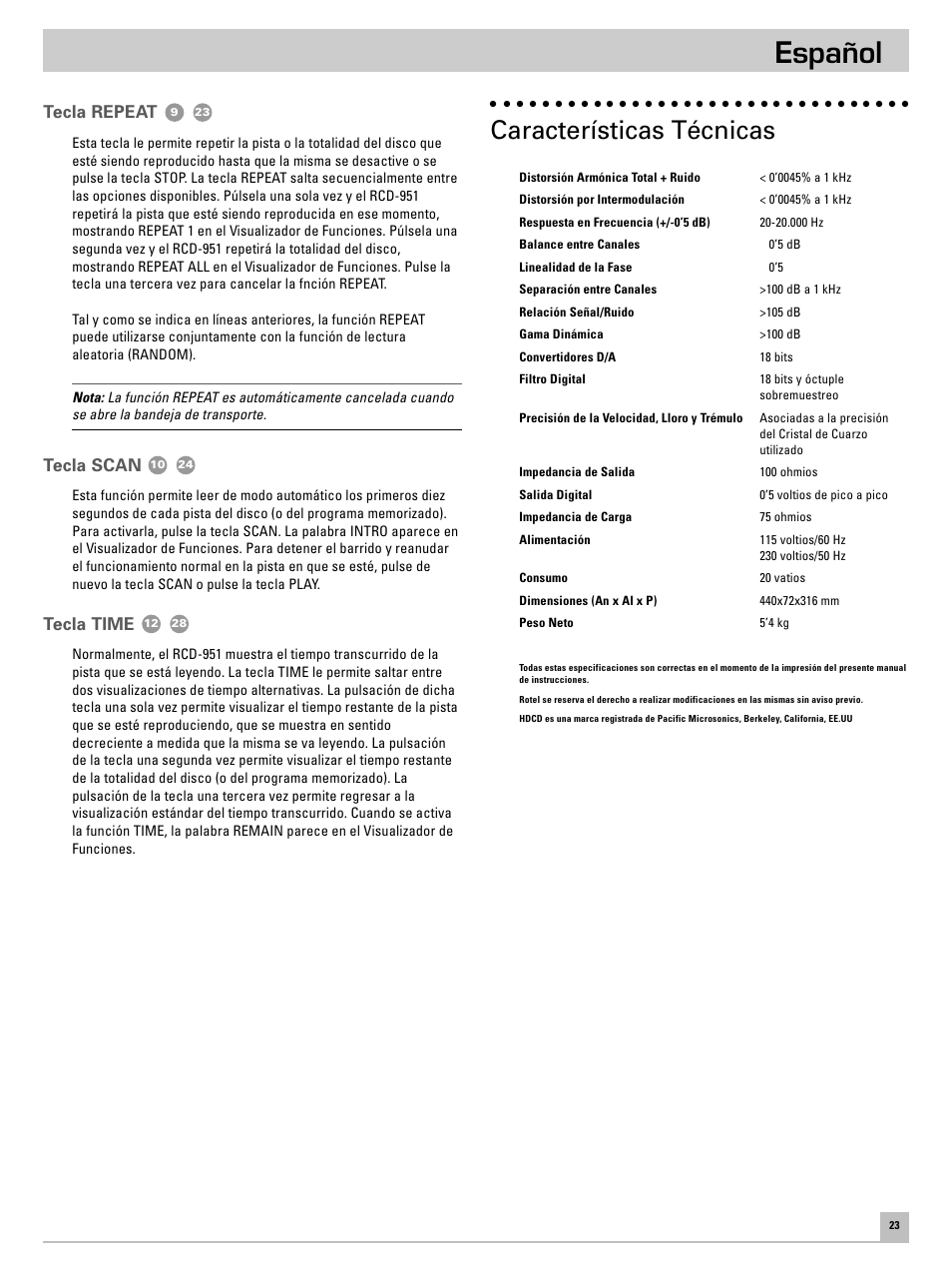Español, Características técnicas, Tecla repeat | Tecla scan, Tecla time | ROTEL RCD951 User Manual | Page 27 / 30