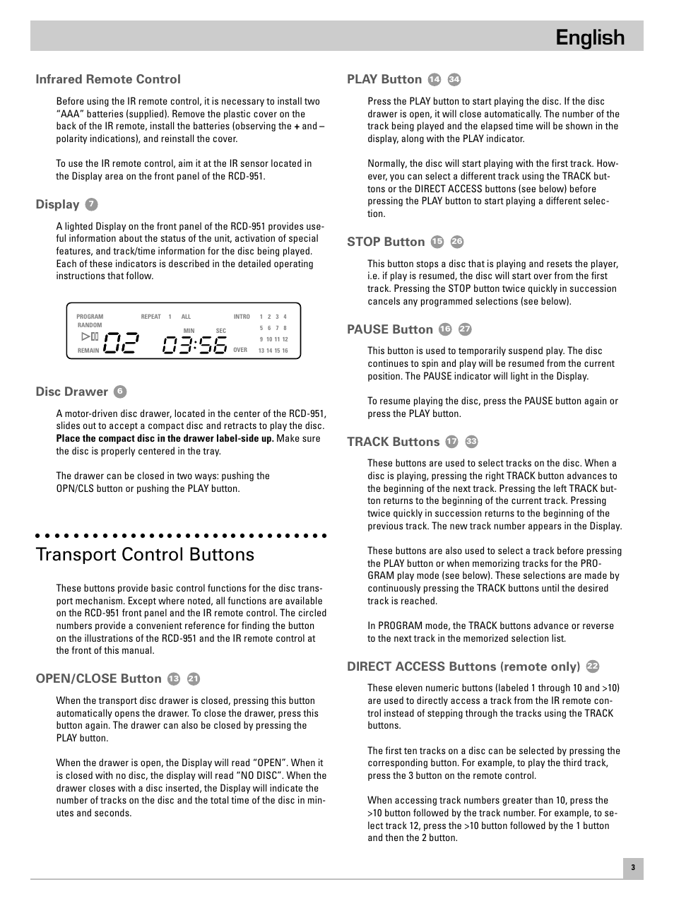 English, Transport control buttons, Infrared remote control | Display, Disc drawer, Open/close button, Play button, Stop button, Pause button, Track buttons | ROTEL RCD951 User Manual | Page 7 / 30