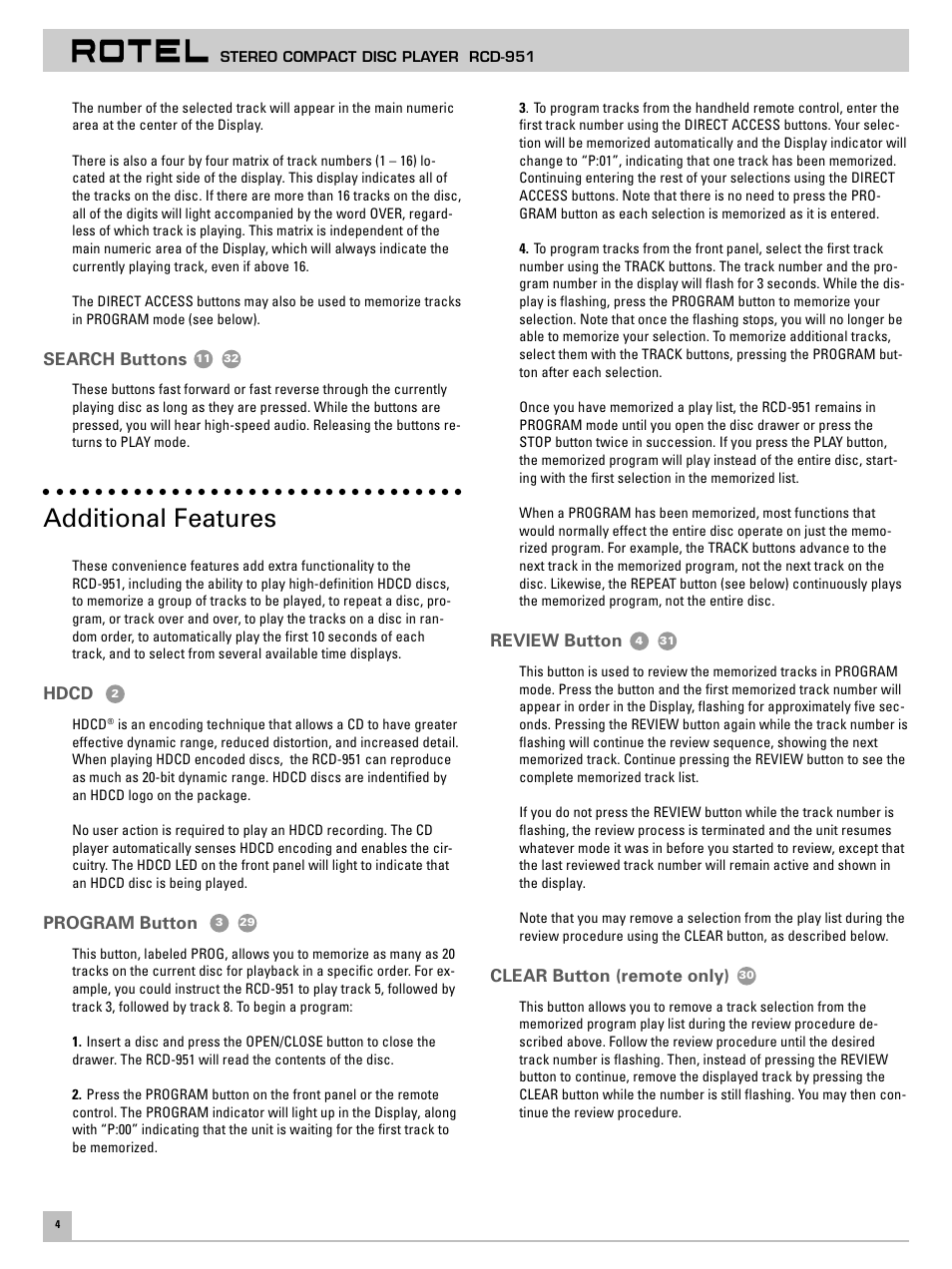 Additional features | ROTEL RCD951 User Manual | Page 8 / 30