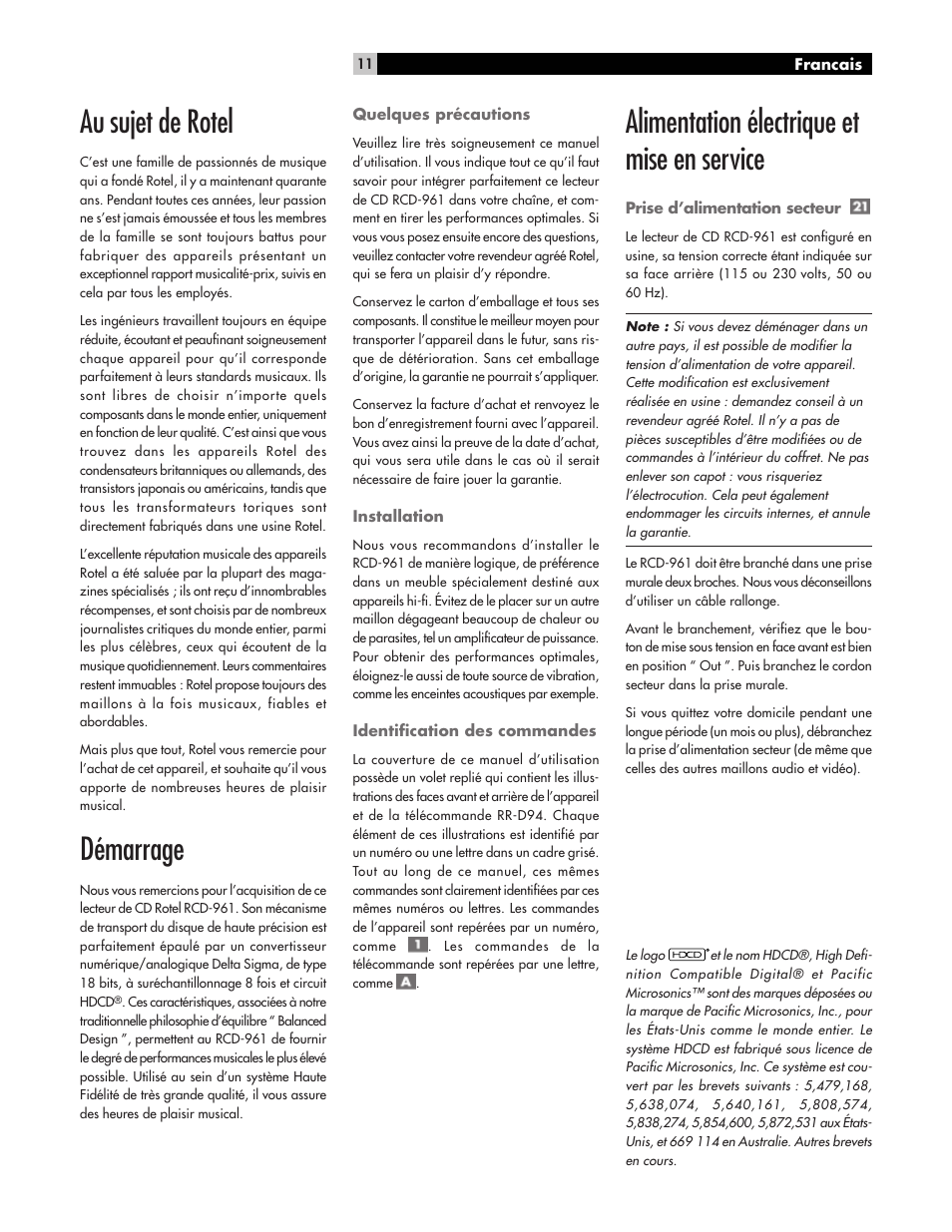 Au sujet de rotel, Démarrage, Alimentation électrique et mise en service | ROTEL RCD961 User Manual | Page 11 / 40