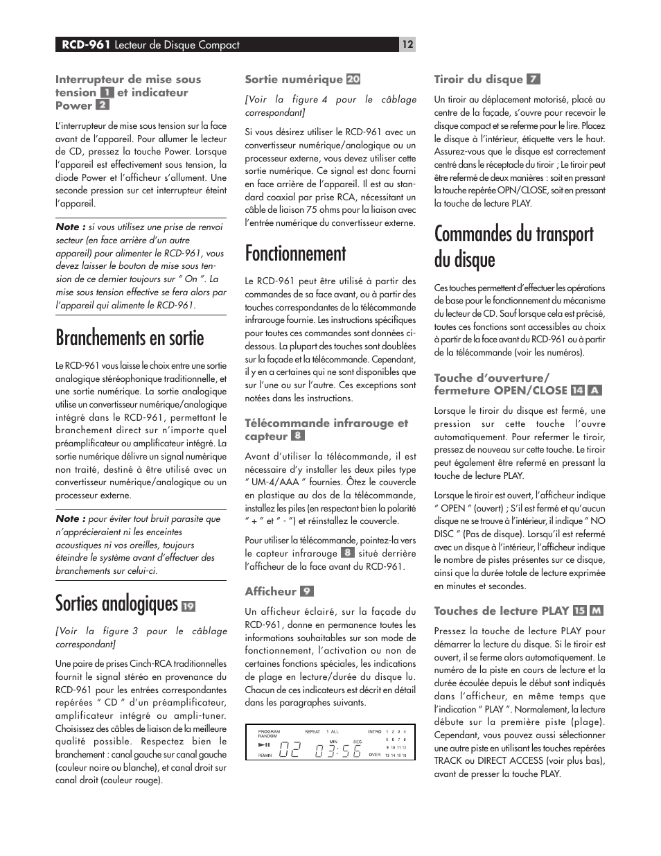 Branchements en sortie, Sorties analogiques, Fonctionnement | Commandes du transport du disque | ROTEL RCD961 User Manual | Page 12 / 40