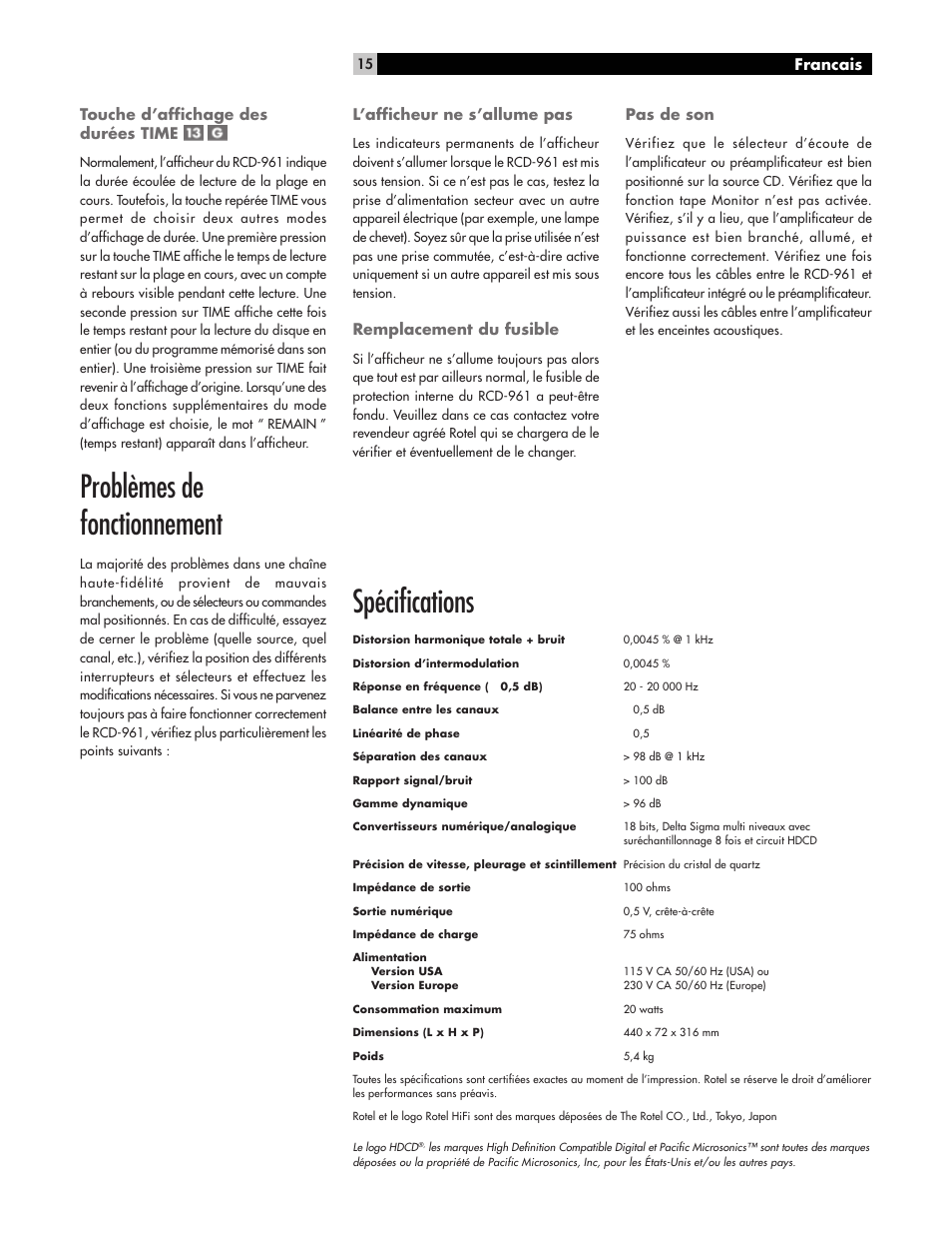 Problèmes de fonctionnement, Spécifications, Touche d’affichage des durées time | L’afficheur ne s’allume pas, Remplacement du fusible, Francais pas de son | ROTEL RCD961 User Manual | Page 15 / 40