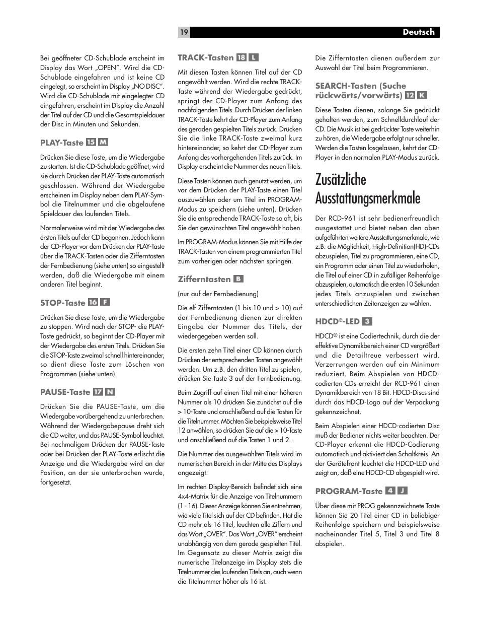 Zusätzliche ausstattungsmerkmale | ROTEL RCD961 User Manual | Page 19 / 40