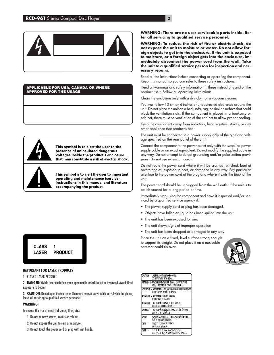Caution, Risk of electric shock do not open | ROTEL RCD961 User Manual | Page 2 / 40