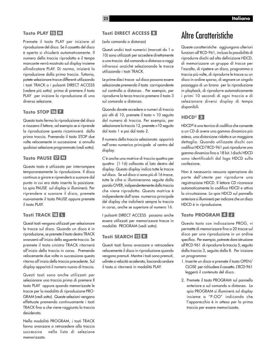 Altre caratteristiche | ROTEL RCD961 User Manual | Page 25 / 40