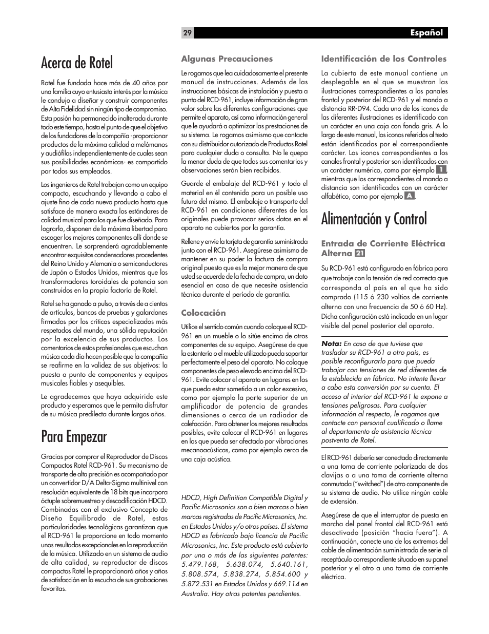 Acerca de rotel, Para empezar, Alimentación y control | ROTEL RCD961 User Manual | Page 29 / 40