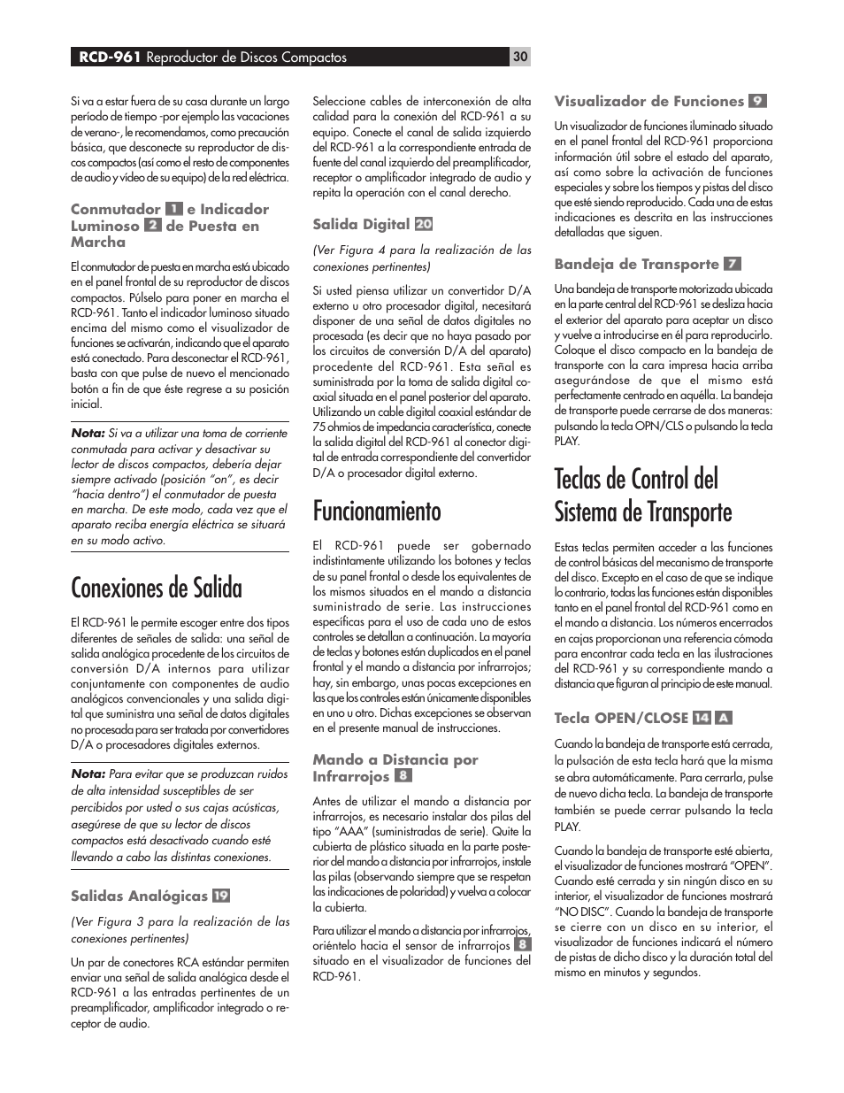 Conexiones de salida, Funcionamiento, Teclas de control del sistema de transporte | ROTEL RCD961 User Manual | Page 30 / 40