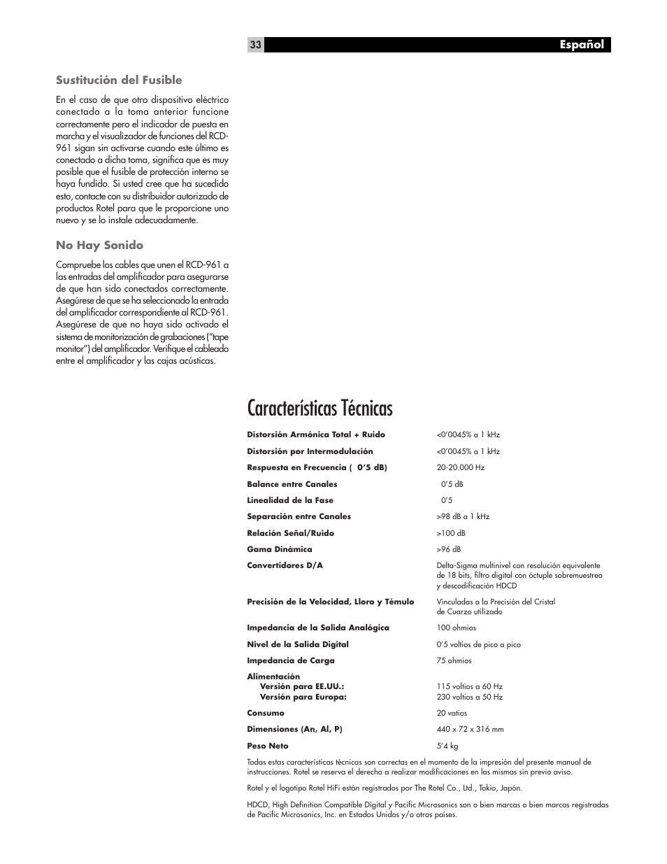 Características técnicas, Español sustitución del fusible, No hay sonido | ROTEL RCD961 User Manual | Page 33 / 40