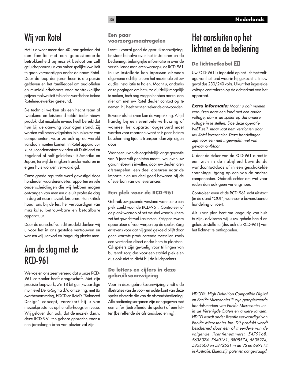 Wij van rotel, Aan de slag met de rcd-961, Het aansluiten op het lichtnet en de bediening | ROTEL RCD961 User Manual | Page 35 / 40
