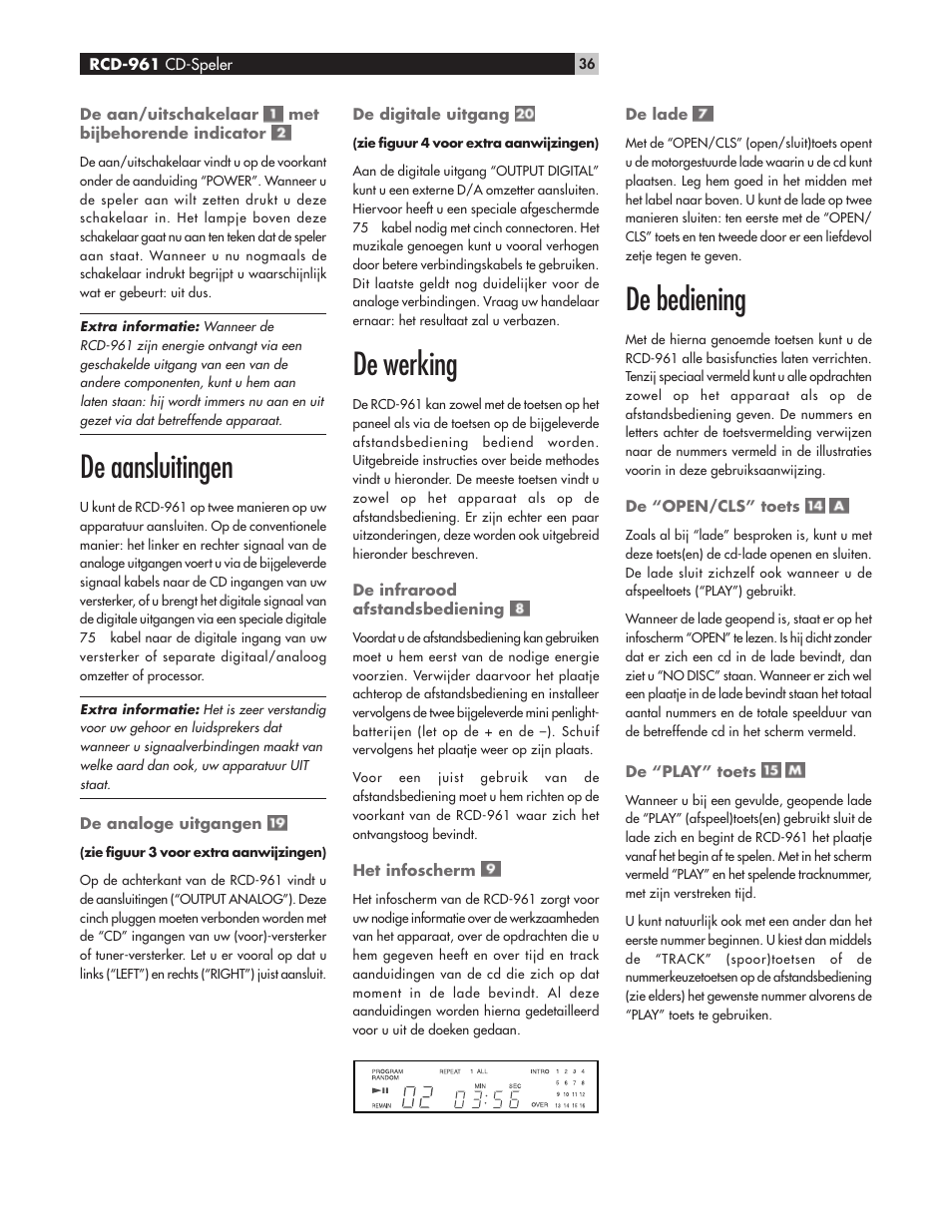 De aansluitingen, De werking, De bediening | ROTEL RCD961 User Manual | Page 36 / 40