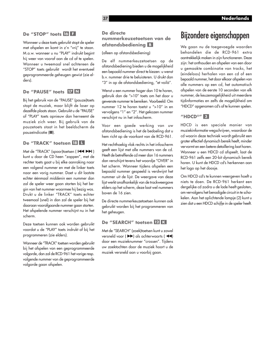 Bijzondere eigenschappen | ROTEL RCD961 User Manual | Page 37 / 40