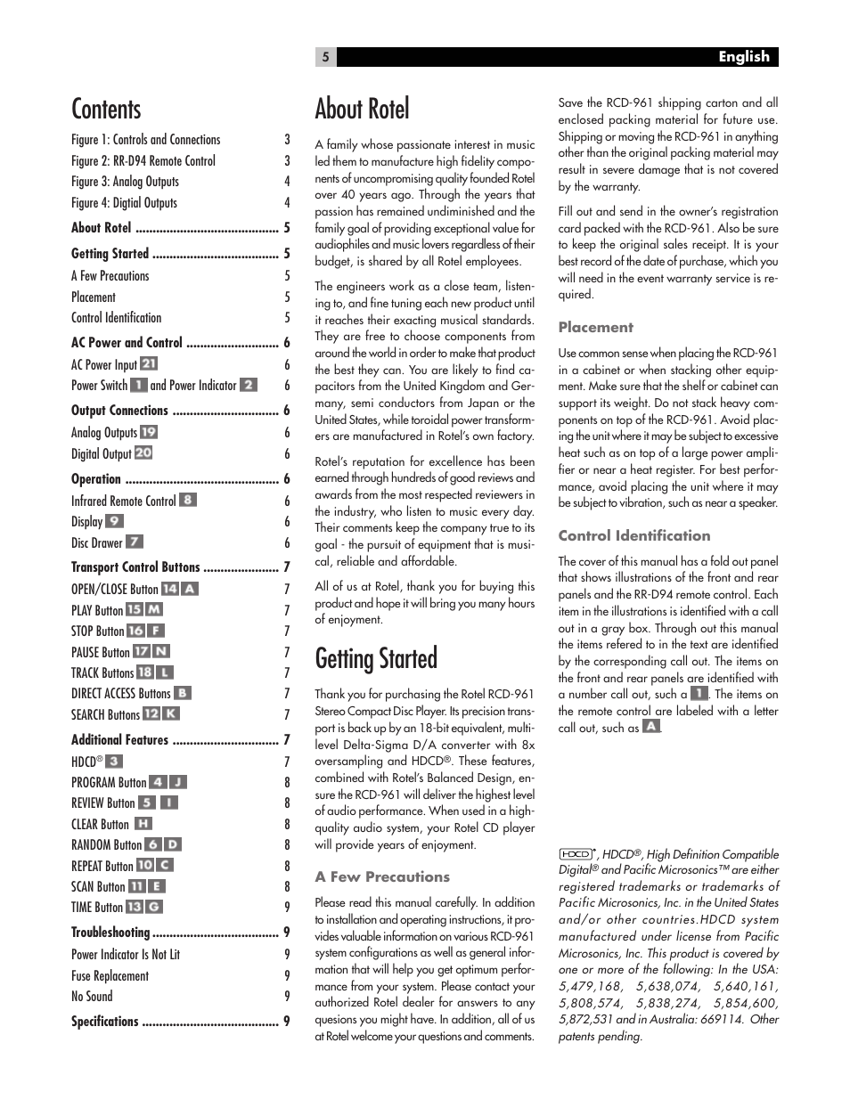 ROTEL RCD961 User Manual | Page 5 / 40