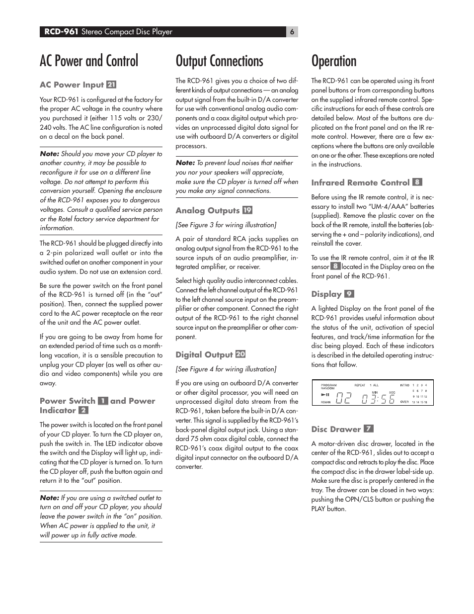 Ac power and control, Output connections, Operation | ROTEL RCD961 User Manual | Page 6 / 40