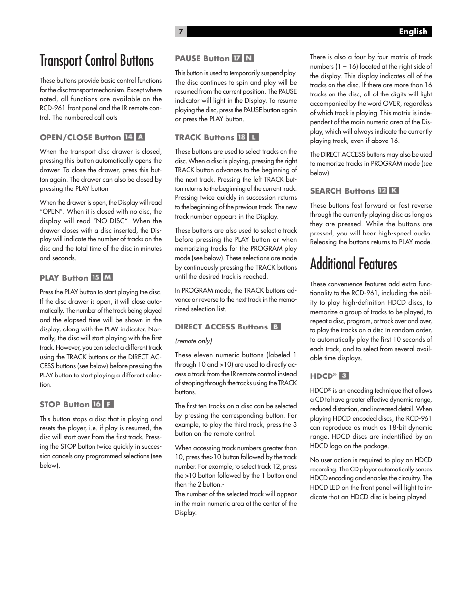 Transport control buttons, Additional features | ROTEL RCD961 User Manual | Page 7 / 40