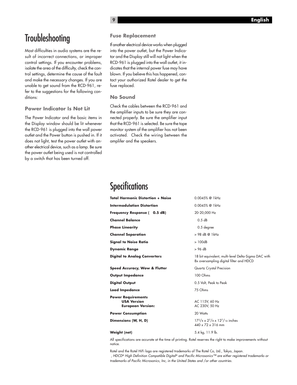 Troubleshooting, Specifications, Power indicator is not lit | Fuse replacement, No sound, English | ROTEL RCD961 User Manual | Page 9 / 40
