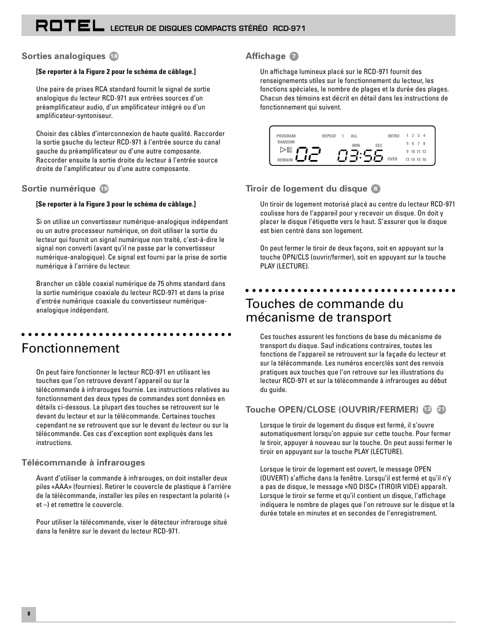 Fonctionnement, Touches de commande du mécanisme de transport, Sorties analogiques | Sortie numérique, Télécommande à infrarouges, Affichage, Tiroir de logement du disque, Touche open/close (ouvrir/fermer) | ROTEL RCD971 User Manual | Page 12 / 30