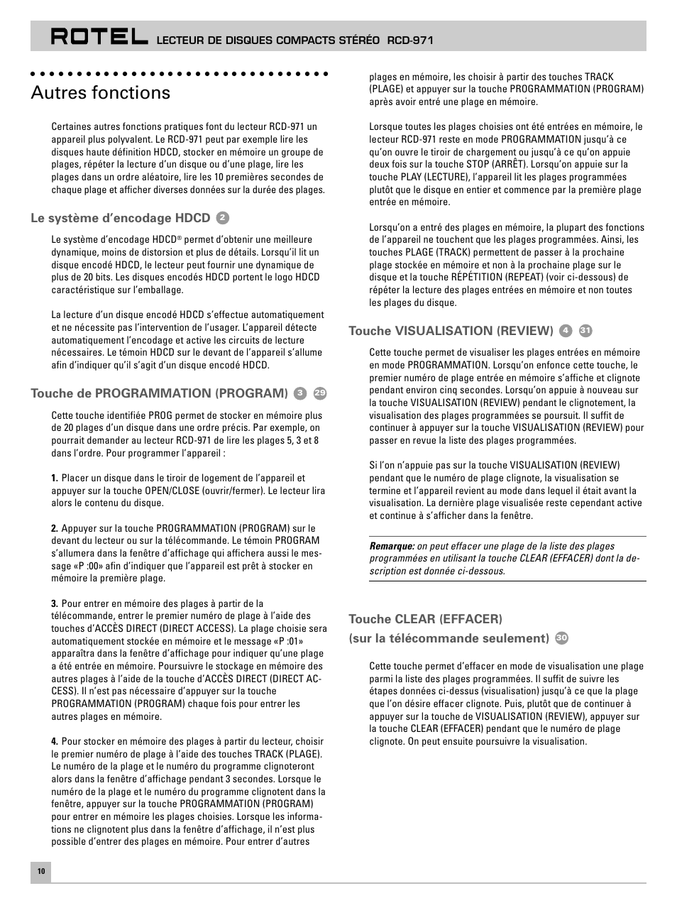 Autres fonctions | ROTEL RCD971 User Manual | Page 14 / 30