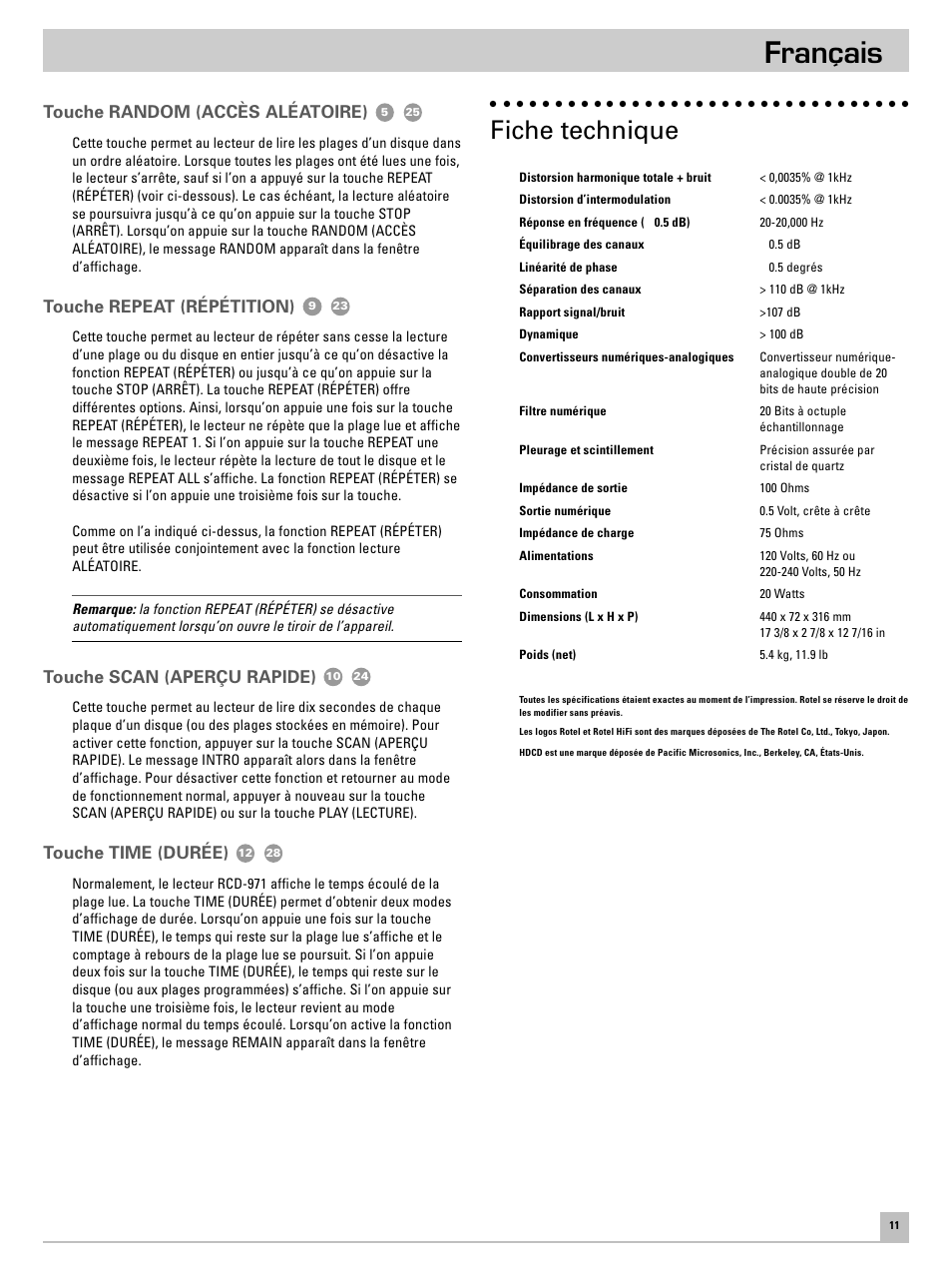 Français, Fiche technique, Touche random (accès aléatoire) | Touche repeat (répétition), Touche scan (aperçu rapide), Touche time (durée) | ROTEL RCD971 User Manual | Page 15 / 30
