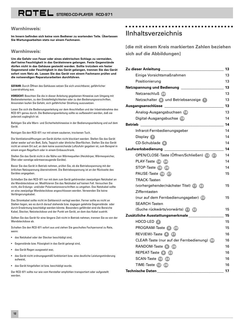 Iinhaltsverzeichnis, Warnhinweis | ROTEL RCD971 User Manual | Page 16 / 30