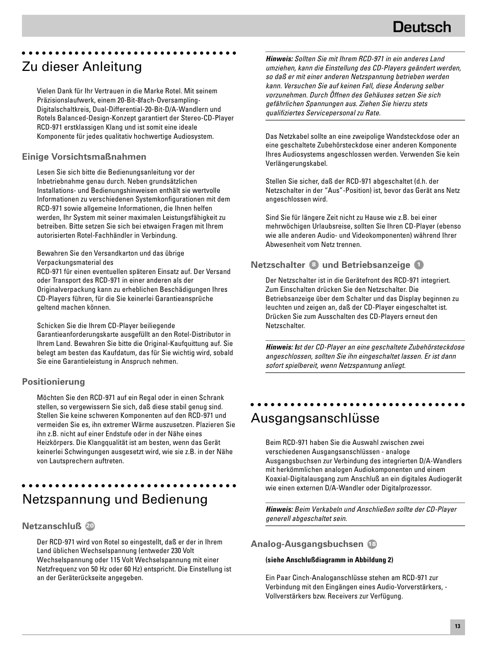 Deutsch, Zu dieser anleitung, Netzspannung und bedienung | Ausgangsanschlüsse | ROTEL RCD971 User Manual | Page 17 / 30