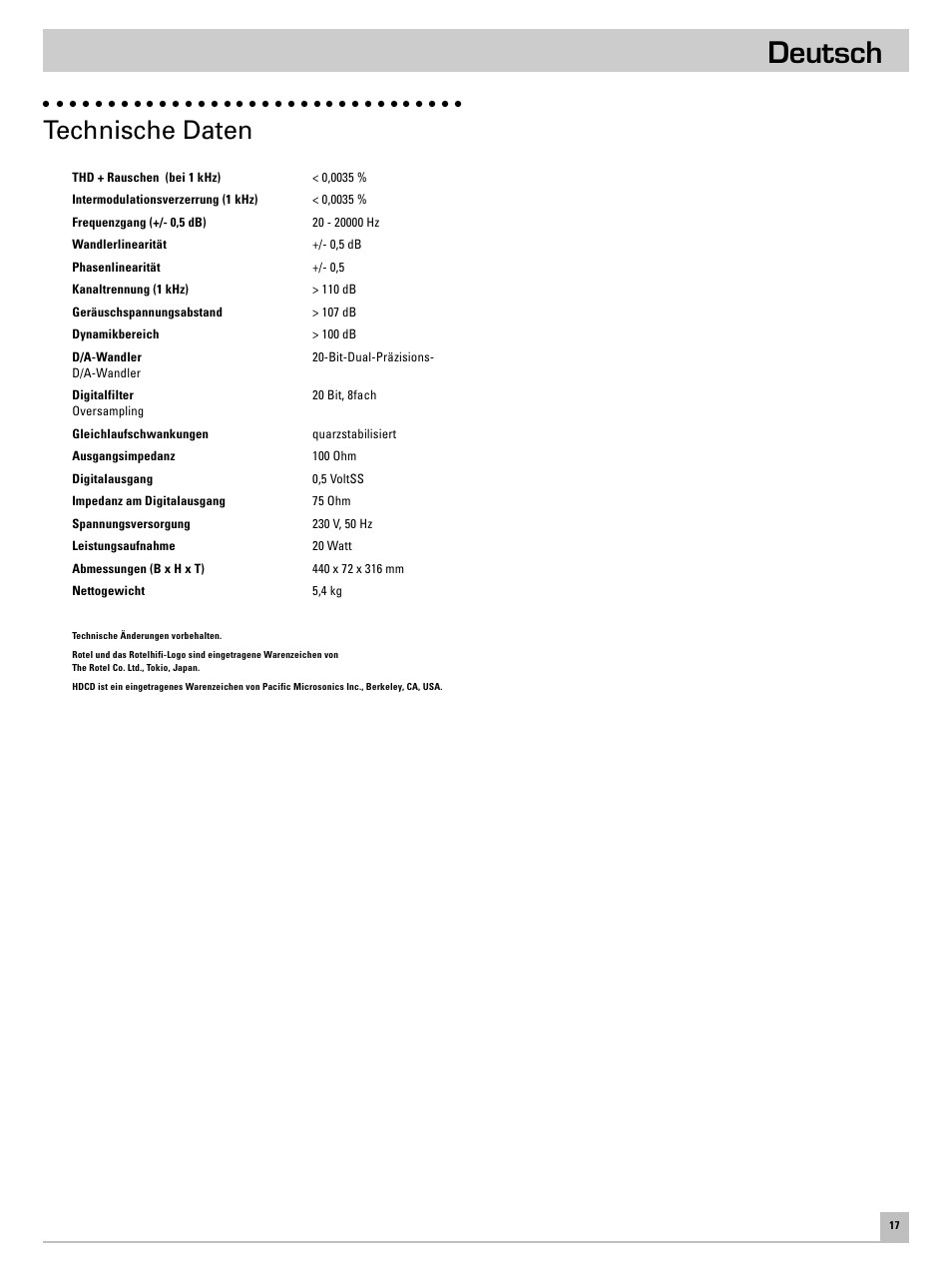 Deutsch, Technische daten | ROTEL RCD971 User Manual | Page 21 / 30