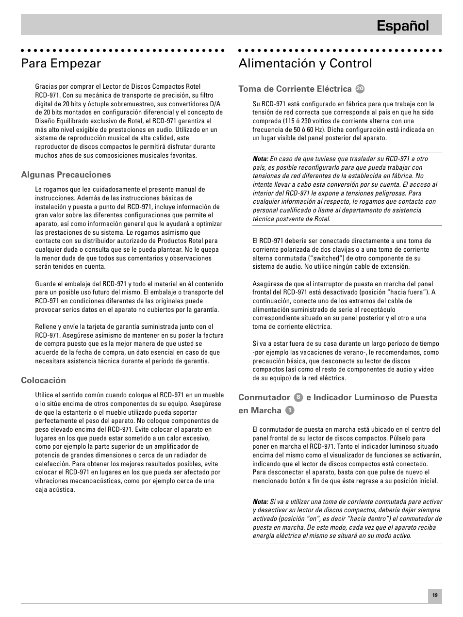 Español, Para empezar, Alimentación y control | ROTEL RCD971 User Manual | Page 23 / 30