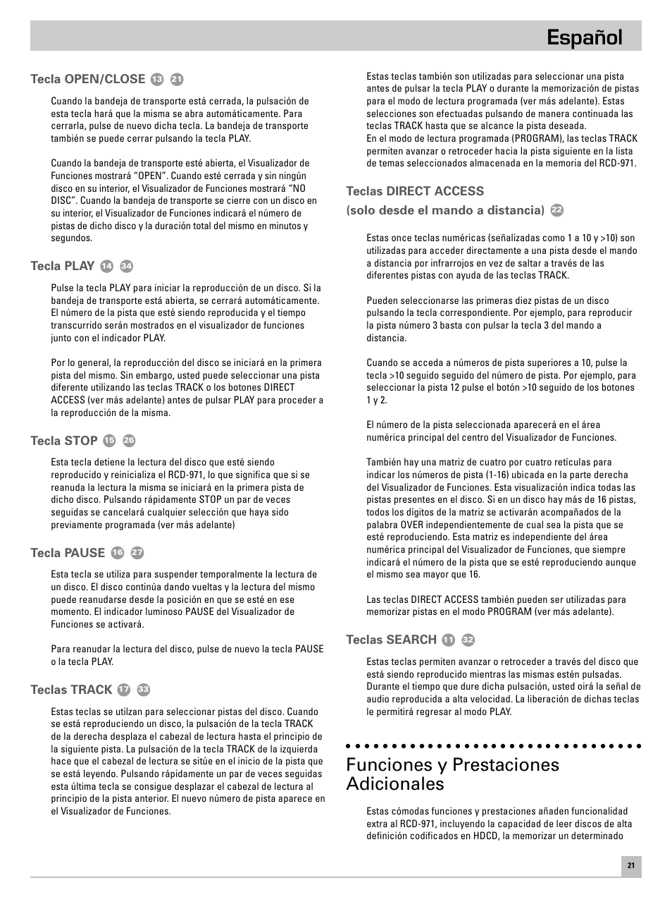 Español, Funciones y prestaciones adicionales | ROTEL RCD971 User Manual | Page 25 / 30