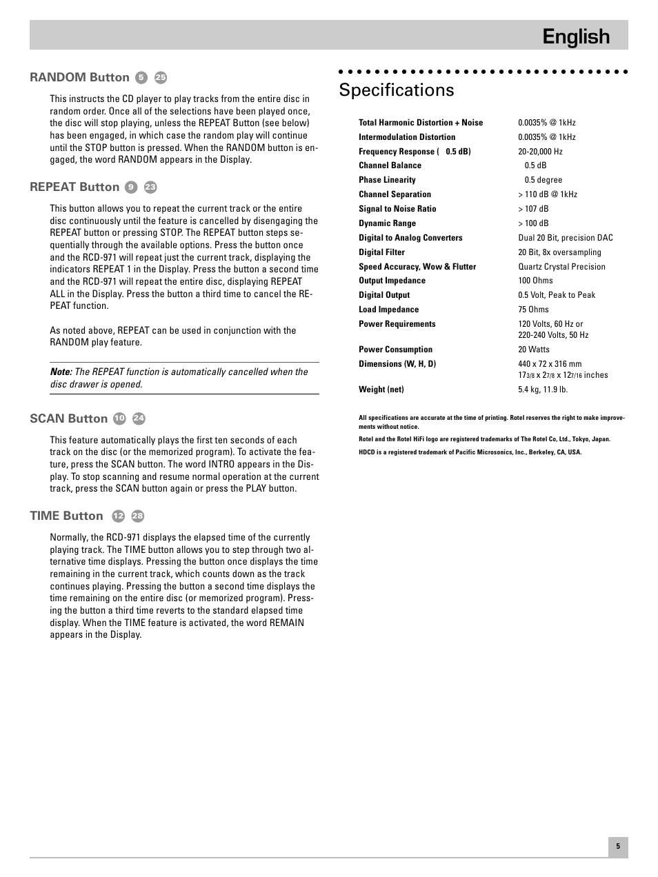 English, Specifications, Random button | Repeat button, Scan button, Time button | ROTEL RCD971 User Manual | Page 9 / 30