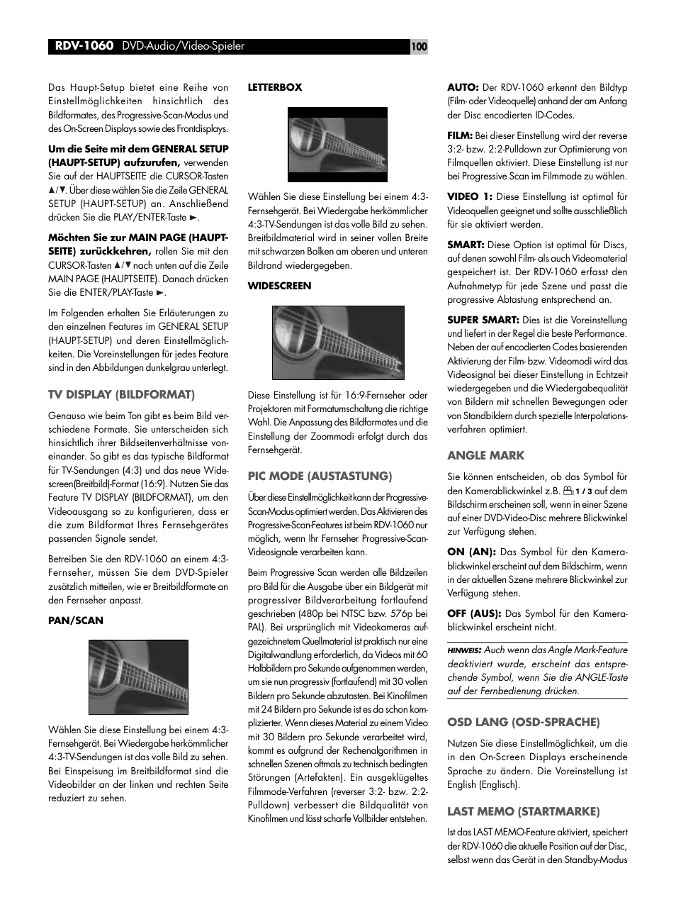 Tv display (bildformat), Pic mode (austastung), Angle mark | Osd lang (osd-sprache), Last memo (startmarke) | ROTEL RDV-1060 User Manual | Page 100 / 108