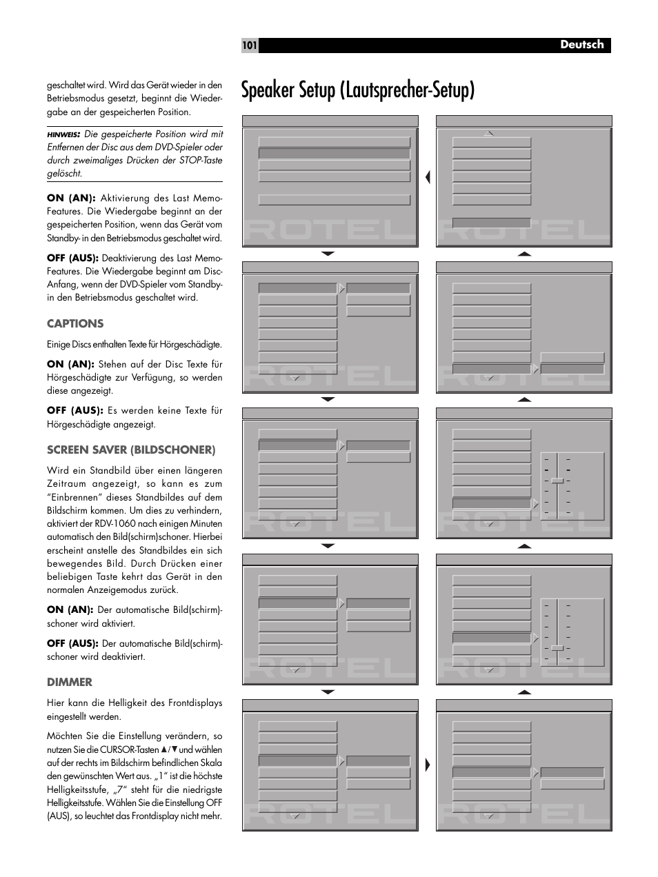 Captions, Screen saver (bildschoner), Dimmer | Speaker setup (lautsprecher-setup), Deutsch | ROTEL RDV-1060 User Manual | Page 101 / 108